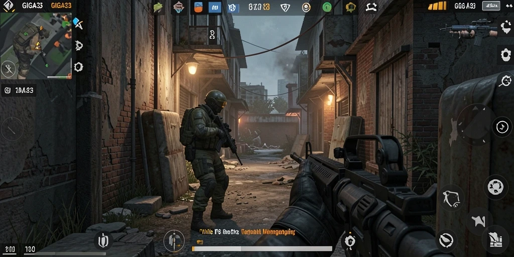 Screenshot GIGA33 menampilkan aksi tembak-tembakan seru dalam pertarungan FPS.