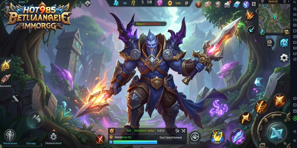 Screenshot gameplay HOT985 menunjukkan pertempuran epik di dunia MMORPG.