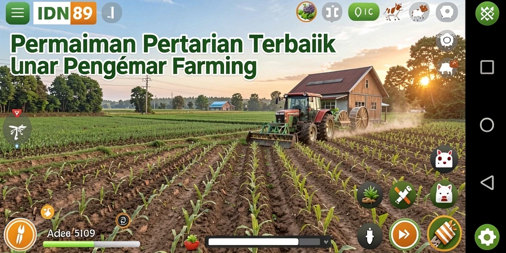 Tampilan screenshot IDN89 menunjukkan ladang subur dengan beragam tanaman dan hewan ternak.