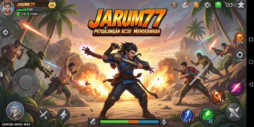 Tampilan gameplay mendebarkan dari JARUM77 saat bertarung melawan musuh.