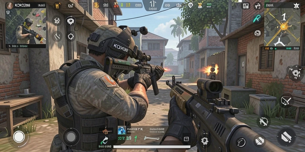 Tangkapan layar gameplay KOKO288 yang menampilkan aksi seru dalam pertempuran FPS.