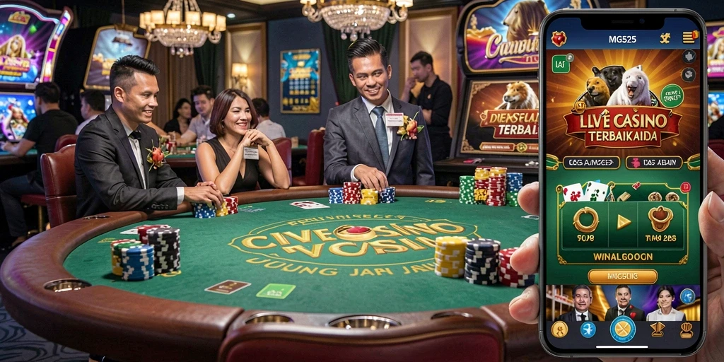 Menampilkan dealer langsung dalam aksi permainan Live Casino.