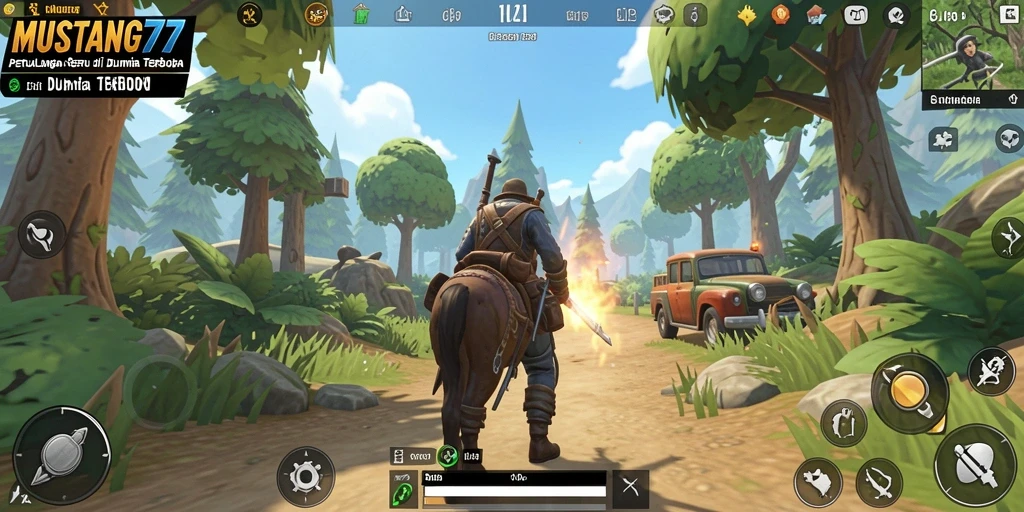 Screenshot gameplay MUSTANG77 menunjukkan keindahan dunia terbuka yang luas.