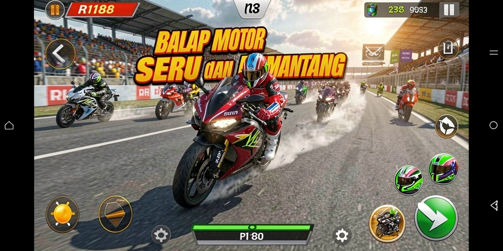 Screenshot gameplay RI188 menampilkan suasana balap motor yang mendebarkan.